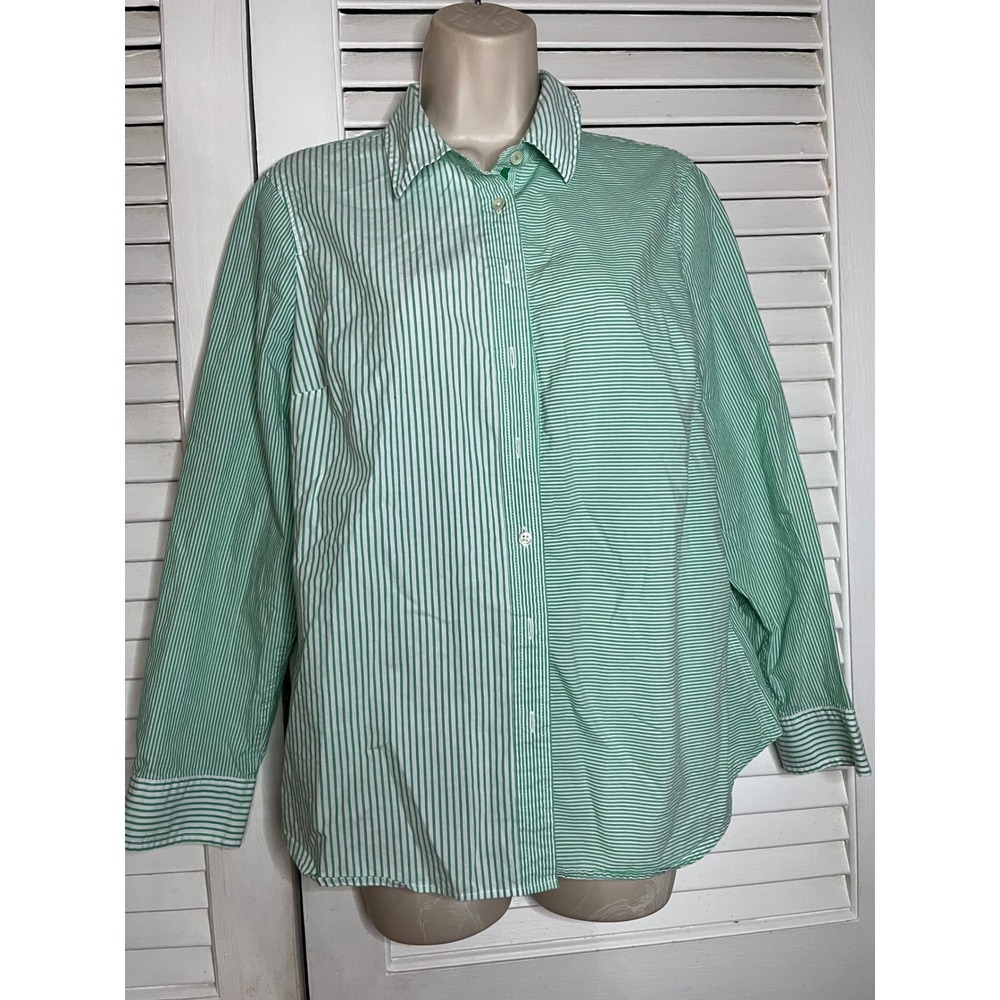 Talbots Petites Green White Mixed Striped Button Down Shirt Long Sleeve Size LP